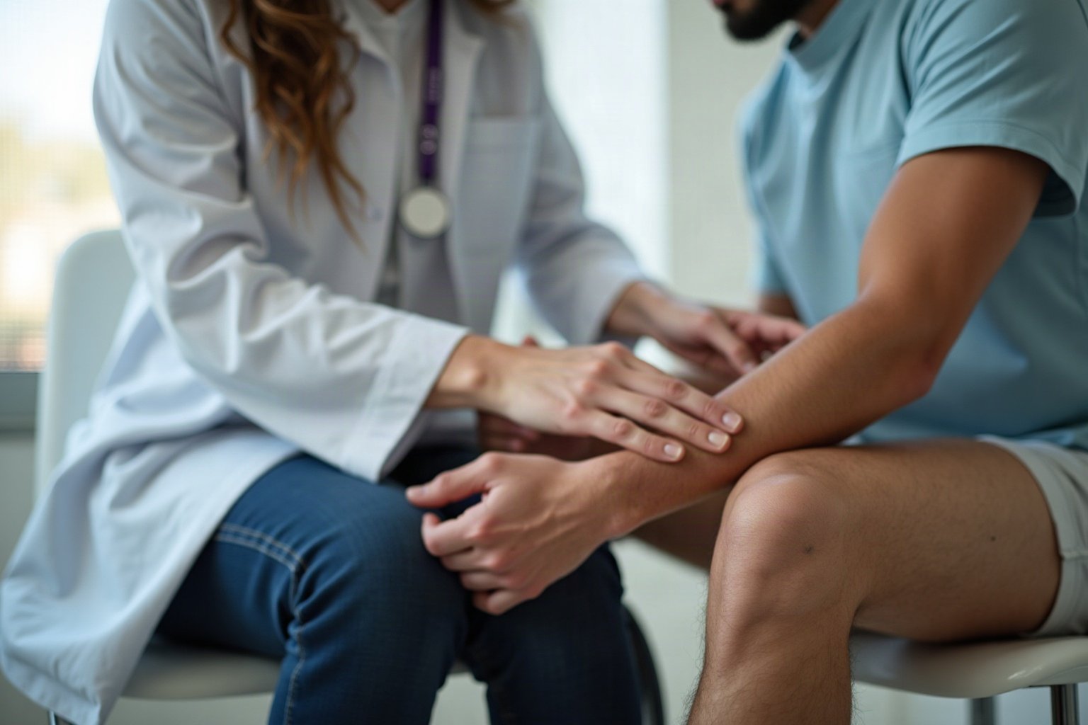 Fisioterapeuta realizando avaliação clínica para tratamento dor lateral joelho em consultório com iluminação natural
